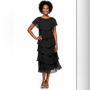 Patra Black Chiffon Tiered Sheath Dress with Capelet Sleeves, Size 16